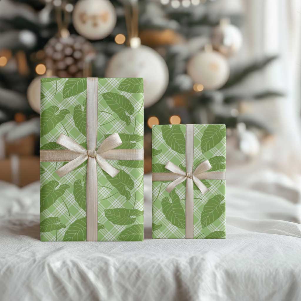 Green Hawaii Kalo Palaka Motifs Wrapping Paper Hawaiian Taro Leaves Elegant Vibes - Polynesian Pride