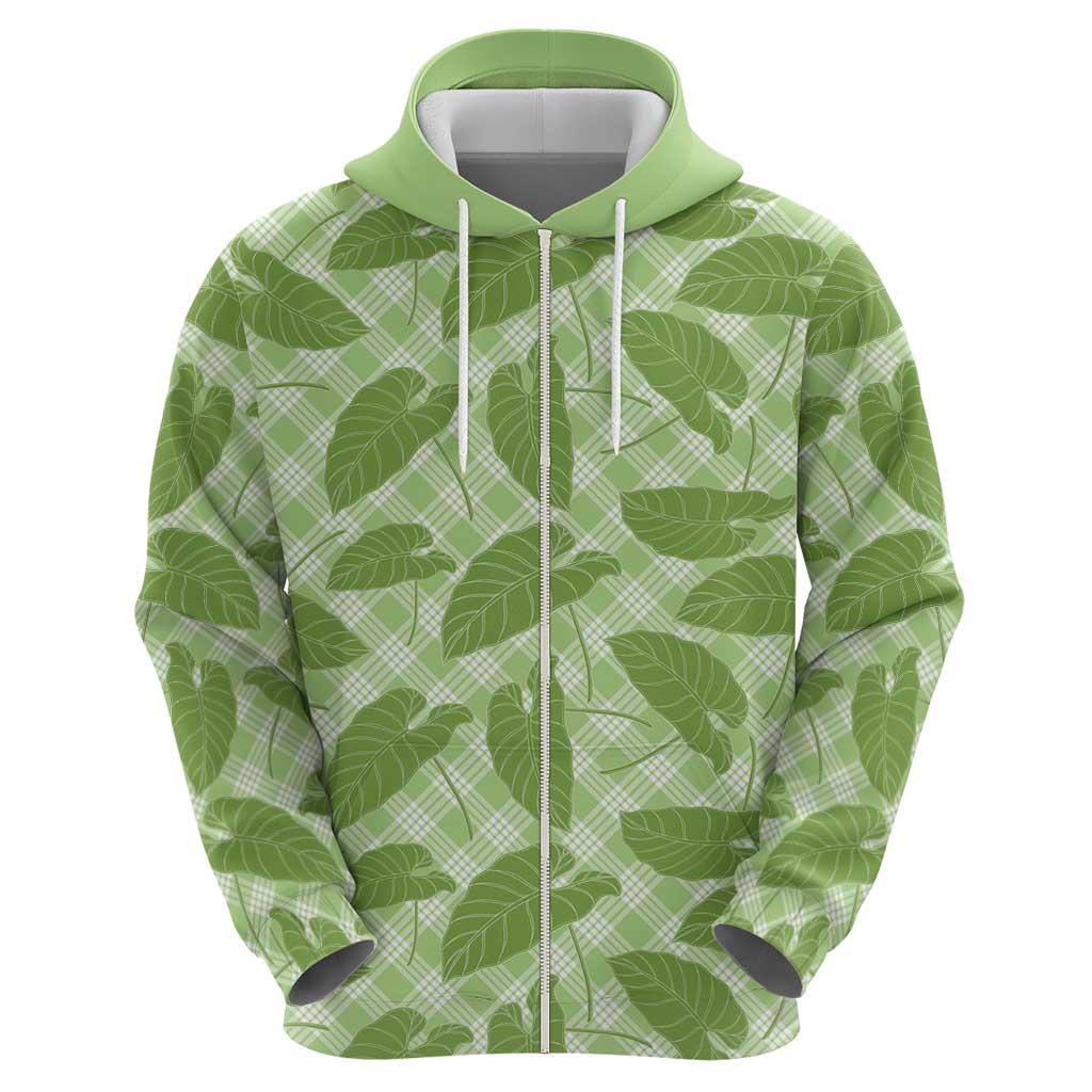 Green Hawaii Kalo Palaka Motifs Zip Hoodie Hawaiian Taro Leaves Elegant Vibes - Polynesian Pride