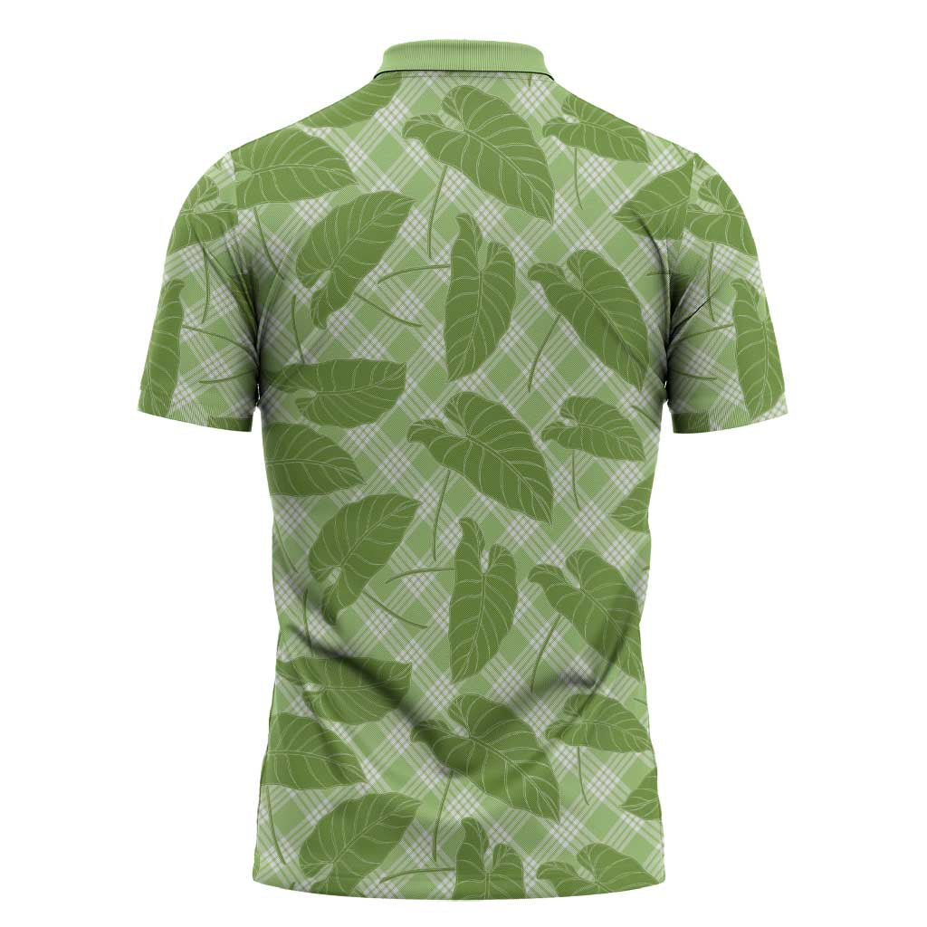 Green Hawaii Kalo Palaka Motifs Zipper Polo Shirt Hawaiian Taro Leaves Elegant Vibes - Polynesian Pride