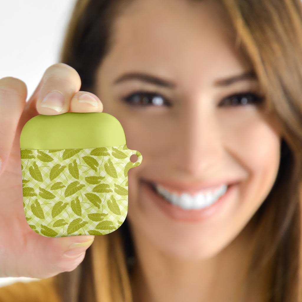 Lime Green Hawaii Kalo Palaka Motifs AirPods Case Hawaiian Taro Leaves Elegant Vibes - Polynesian Pride
