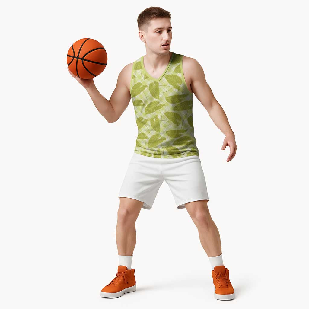 Lime Green Hawaii Kalo Palaka Motifs Basketball Jersey Hawaiian Taro Leaves Elegant Vibes - Polynesian Pride