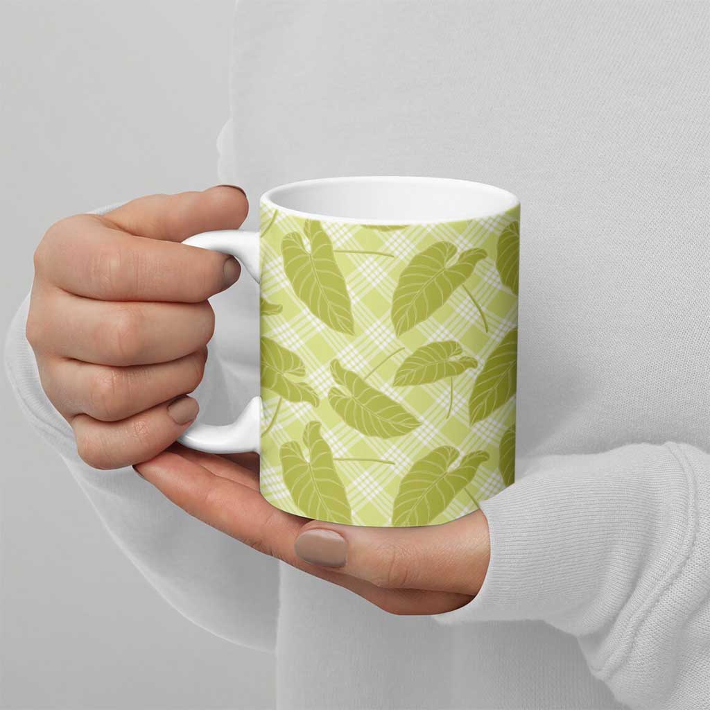 Lime Green Hawaii Kalo Palaka Motifs Ceramic Mug Hawaiian Taro Leaves Elegant Vibes - Polynesian Pride