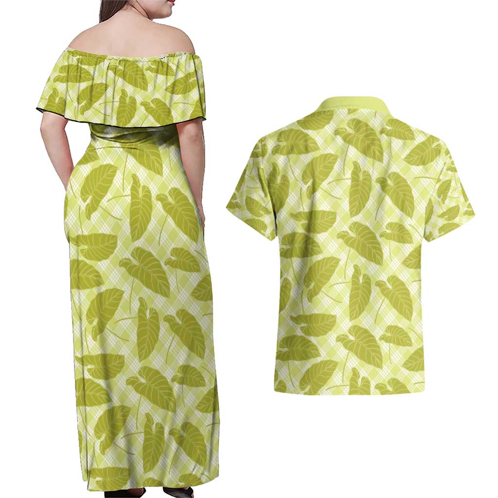 Lime Green Hawaii Kalo Palaka Motifs Couples Matching Off Shoulder Maxi Dress and Hawaiian Shirt Hawaiian Taro Leaves Elegant Vibes - Polynesian Pride