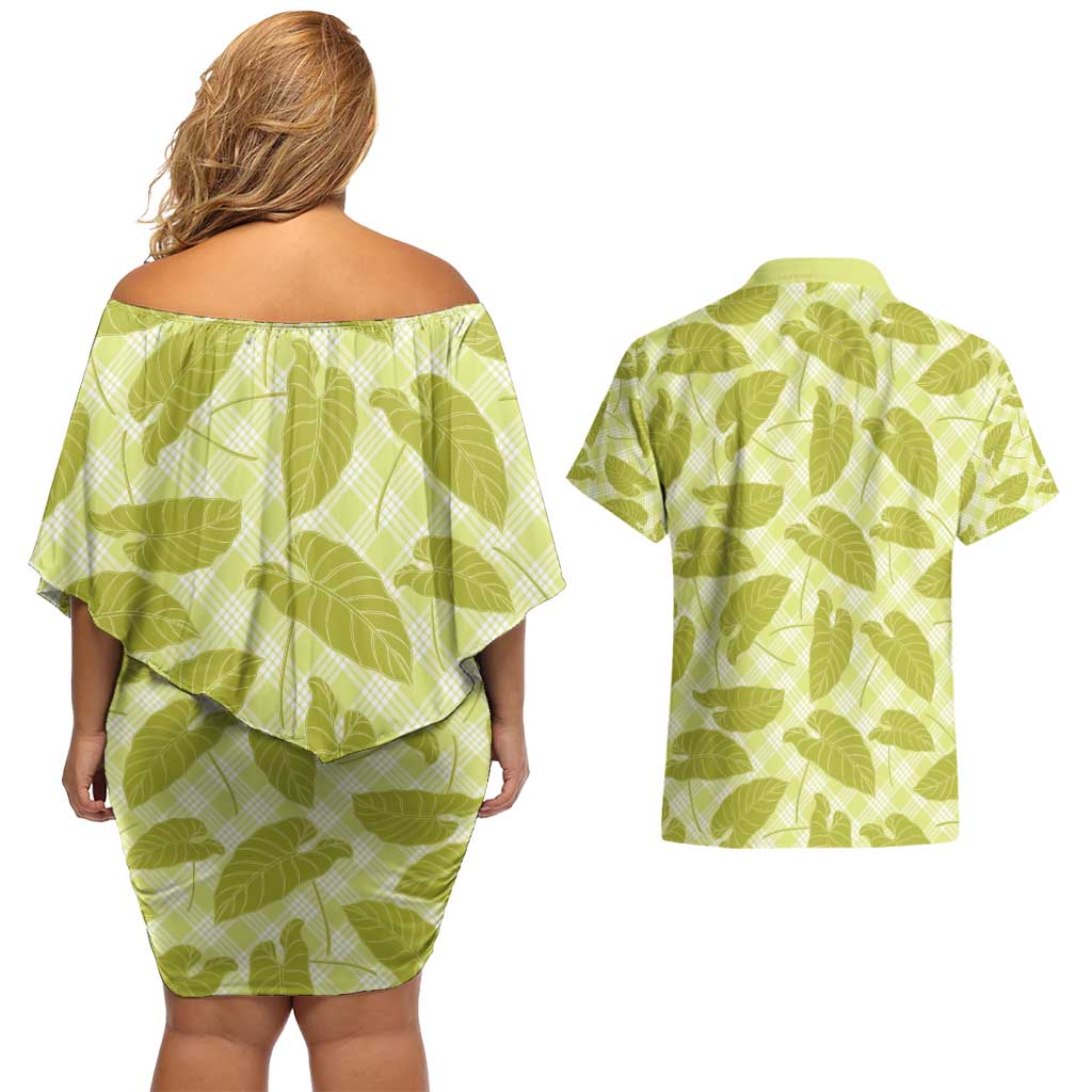 Lime Green Hawaii Kalo Palaka Motifs Couples Matching Off Shoulder Short Dress and Hawaiian Shirt Hawaiian Taro Leaves Elegant Vibes - Polynesian Pride