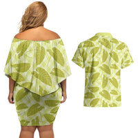 Lime Green Hawaii Kalo Palaka Motifs Couples Matching Off Shoulder Short Dress and Hawaiian Shirt Hawaiian Taro Leaves Elegant Vibes - Polynesian Pride