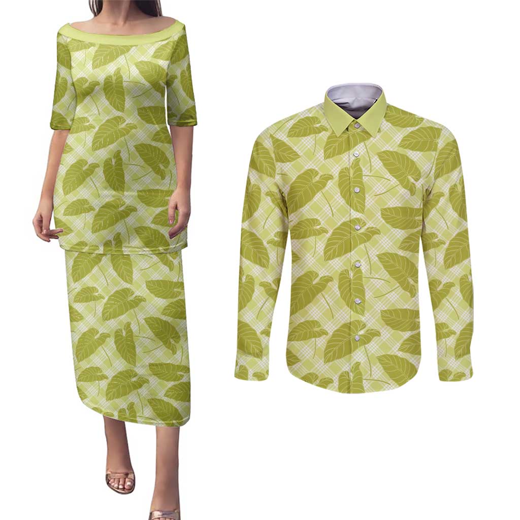 Lime Green Hawaii Kalo Palaka Motifs Couples Matching Puletasi and Long Sleeve Button Shirt Hawaiian Taro Leaves Elegant Vibes - Polynesian Pride
