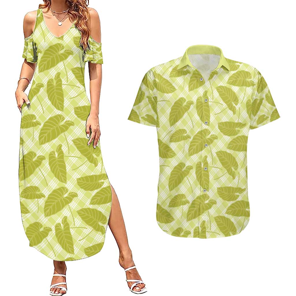 Lime Green Hawaii Kalo Palaka Motifs Couples Matching Summer Maxi Dress and Hawaiian Shirt Hawaiian Taro Leaves Elegant Vibes - Polynesian Pride