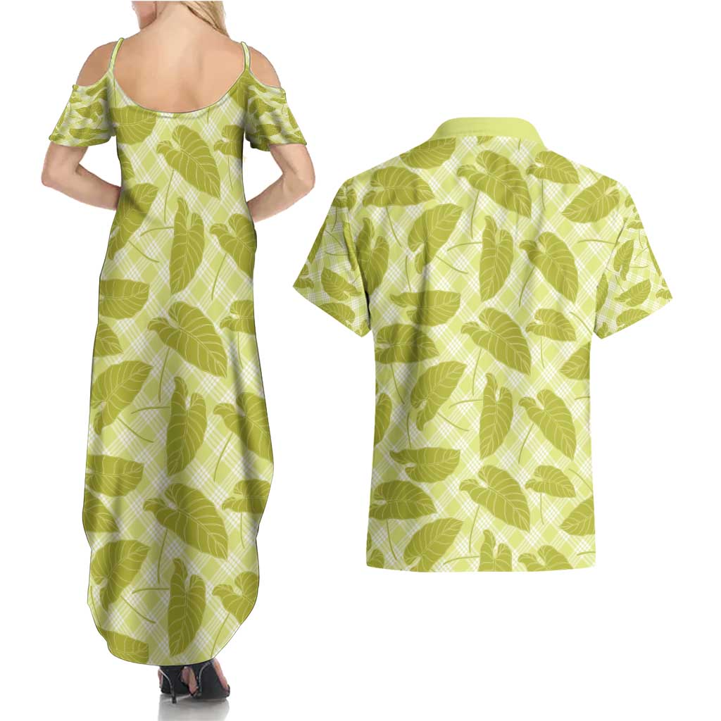 Lime Green Hawaii Kalo Palaka Motifs Couples Matching Summer Maxi Dress and Hawaiian Shirt Hawaiian Taro Leaves Elegant Vibes - Polynesian Pride