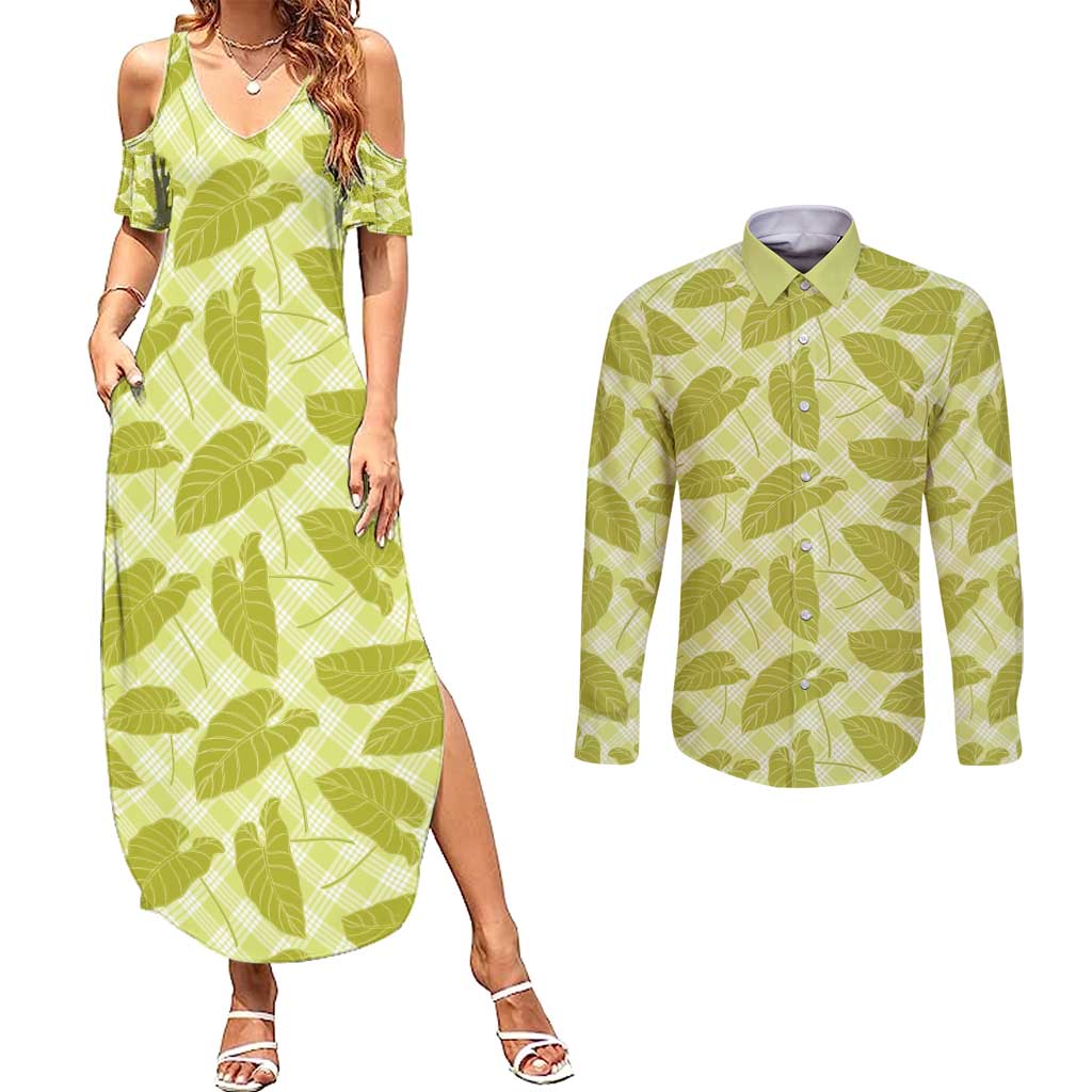 Lime Green Hawaii Kalo Palaka Motifs Couples Matching Summer Maxi Dress and Long Sleeve Button Shirt Hawaiian Taro Leaves Elegant Vibes - Polynesian Pride