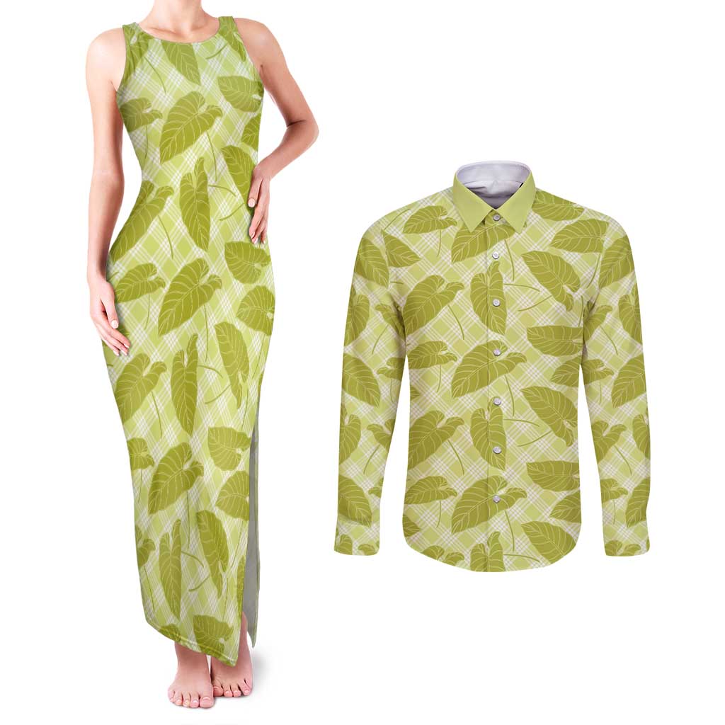 Lime Green Hawaii Kalo Palaka Motifs Couples Matching Tank Maxi Dress and Long Sleeve Button Shirt Hawaiian Taro Leaves Elegant Vibes - Polynesian Pride