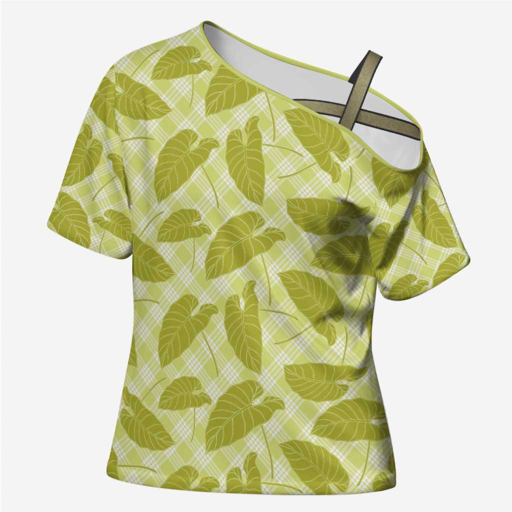 Lime Green Hawaii Kalo Palaka Motifs Cross Shoulder Shirt Hawaiian Taro Leaves Elegant Vibes - Polynesian Pride