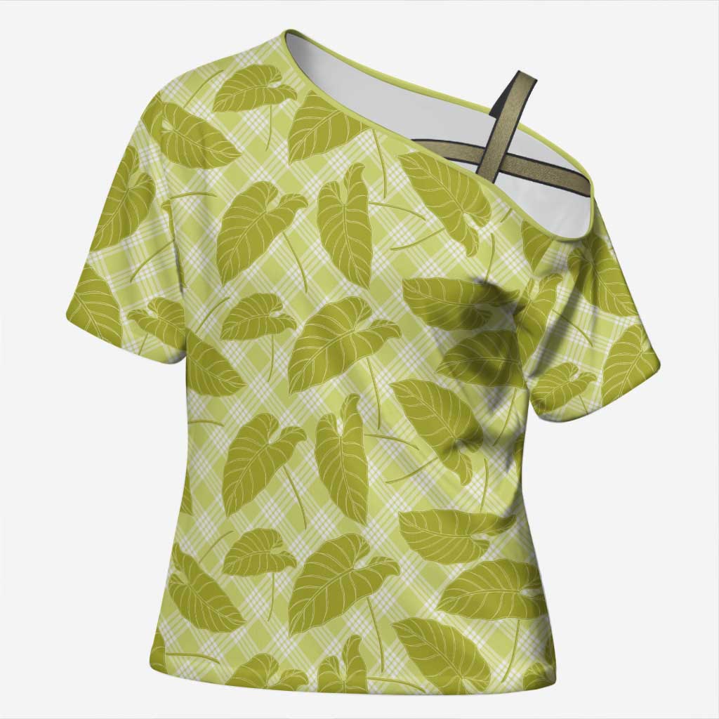 Lime Green Hawaii Kalo Palaka Motifs Cross Shoulder Shirt Hawaiian Taro Leaves Elegant Vibes - Polynesian Pride