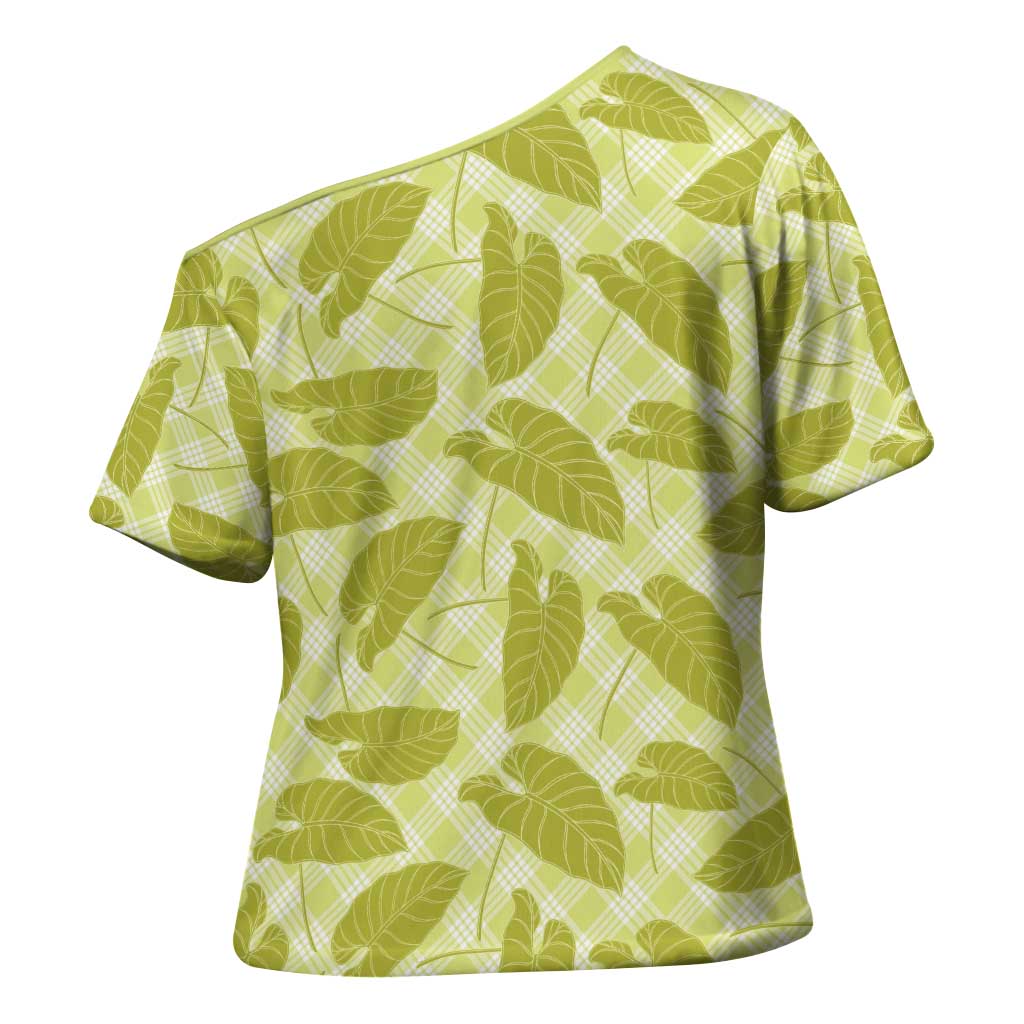 Lime Green Hawaii Kalo Palaka Motifs Cross Shoulder Shirt Hawaiian Taro Leaves Elegant Vibes - Polynesian Pride