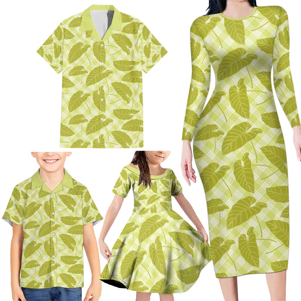 Lime Green Hawaii Kalo Palaka Motifs Family Matching Long Sleeve Bodycon Dress and Hawaiian Shirt Hawaiian Taro Leaves Elegant Vibes - Polynesian Pride