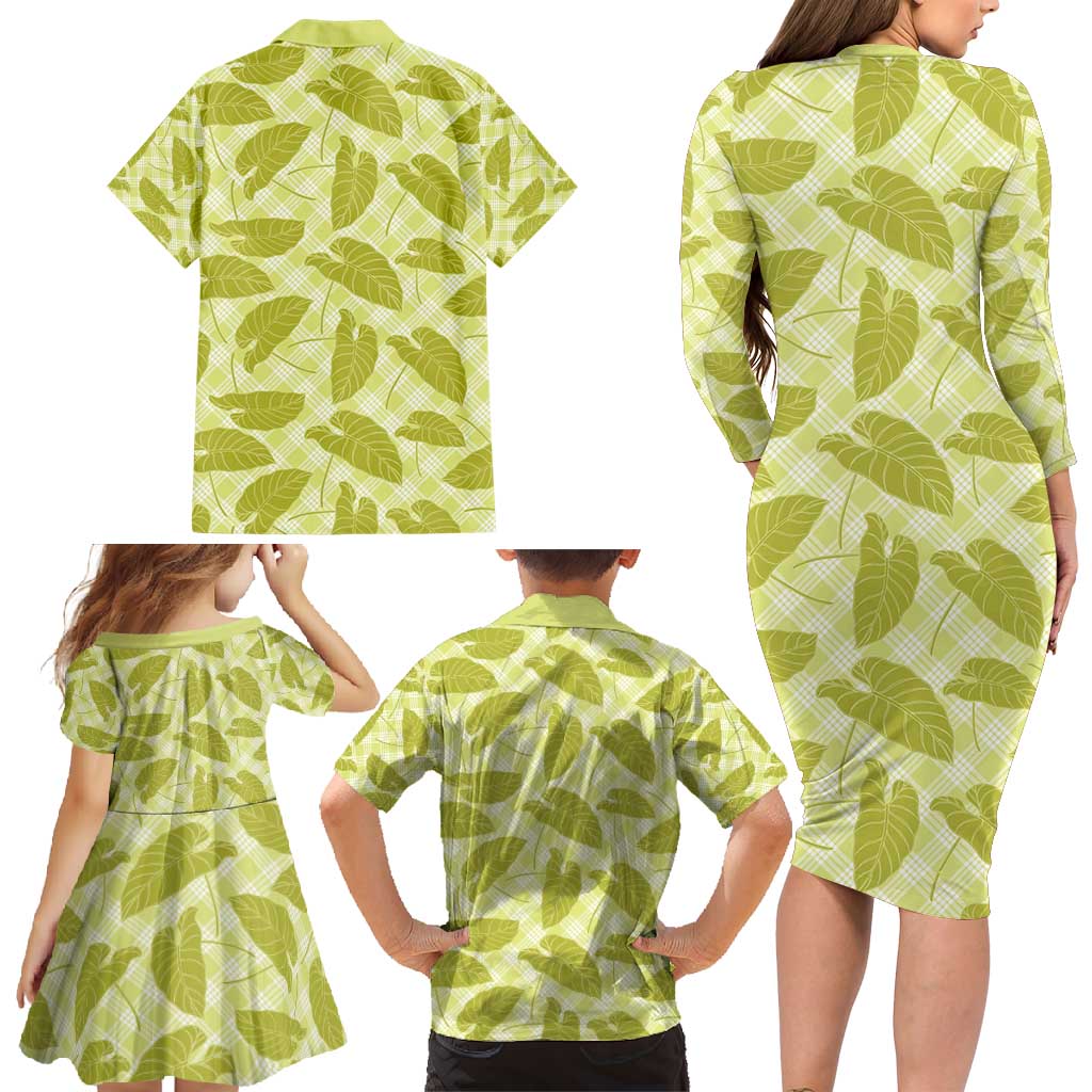 Lime Green Hawaii Kalo Palaka Motifs Family Matching Long Sleeve Bodycon Dress and Hawaiian Shirt Hawaiian Taro Leaves Elegant Vibes - Polynesian Pride