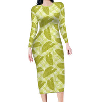 Lime Green Hawaii Kalo Palaka Motifs Family Matching Long Sleeve Bodycon Dress and Hawaiian Shirt Hawaiian Taro Leaves Elegant Vibes - Polynesian Pride