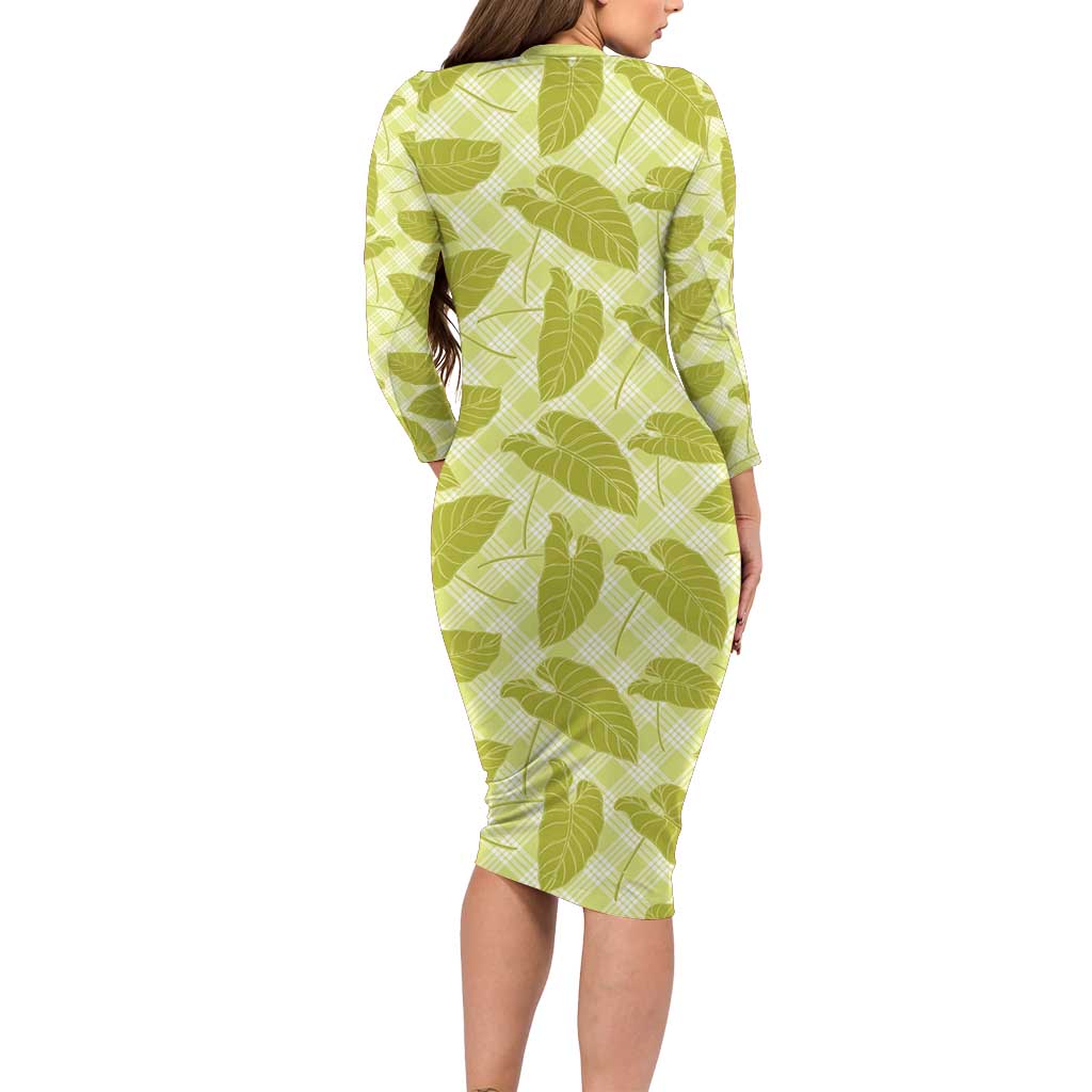Lime Green Hawaii Kalo Palaka Motifs Family Matching Long Sleeve Bodycon Dress and Hawaiian Shirt Hawaiian Taro Leaves Elegant Vibes - Polynesian Pride