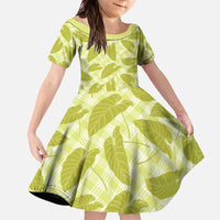 Lime Green Hawaii Kalo Palaka Motifs Family Matching Off The Shoulder Long Sleeve Dress and Hawaiian Shirt Hawaiian Taro Leaves Elegant Vibes - Polynesian Pride