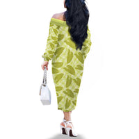 Lime Green Hawaii Kalo Palaka Motifs Family Matching Off The Shoulder Long Sleeve Dress and Hawaiian Shirt Hawaiian Taro Leaves Elegant Vibes - Polynesian Pride