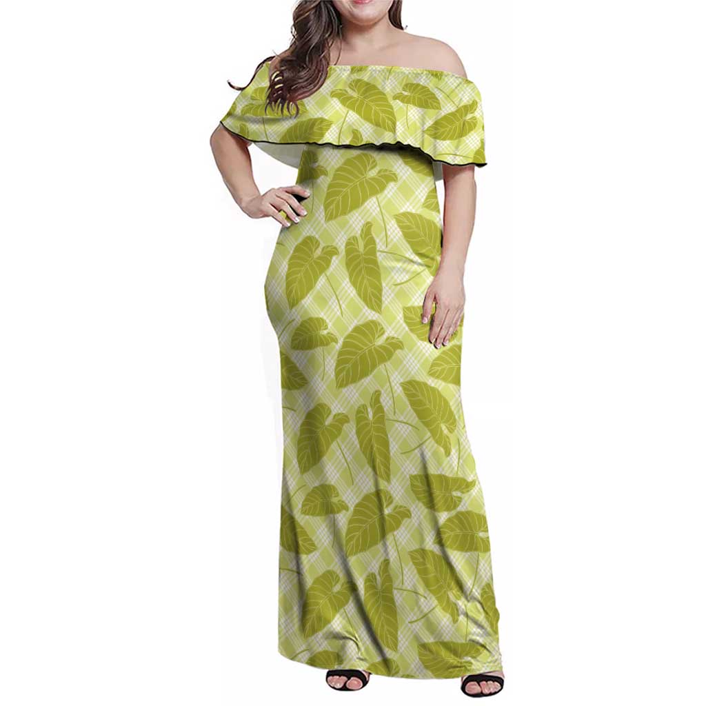 Lime Green Hawaii Kalo Palaka Motifs Family Matching Off Shoulder Maxi Dress and Hawaiian Shirt Hawaiian Taro Leaves Elegant Vibes - Polynesian Pride
