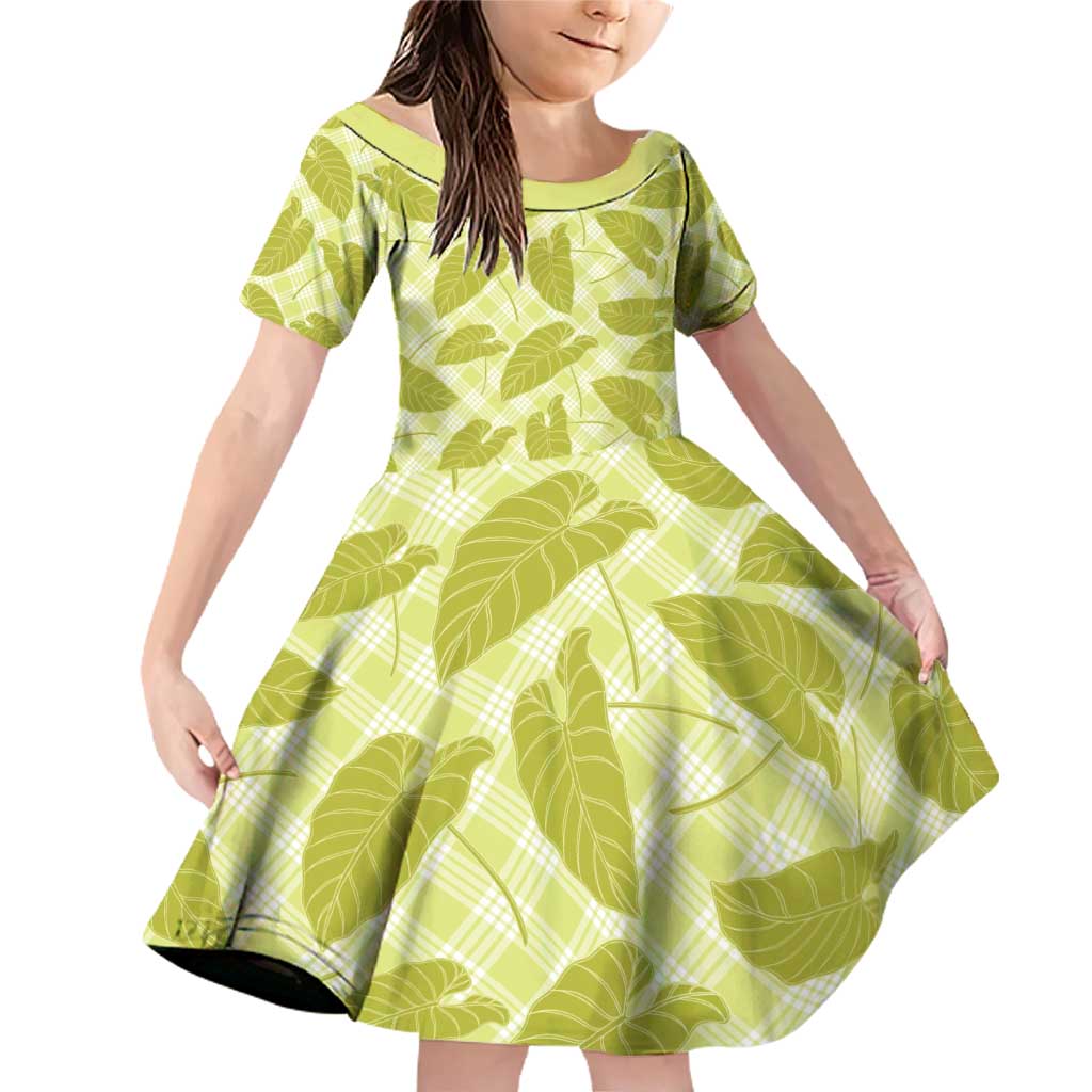 Lime Green Hawaii Kalo Palaka Motifs Family Matching Off Shoulder Short Dress and Hawaiian Shirt Hawaiian Taro Leaves Elegant Vibes - Polynesian Pride