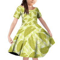Lime Green Hawaii Kalo Palaka Motifs Family Matching Off Shoulder Short Dress and Hawaiian Shirt Hawaiian Taro Leaves Elegant Vibes - Polynesian Pride
