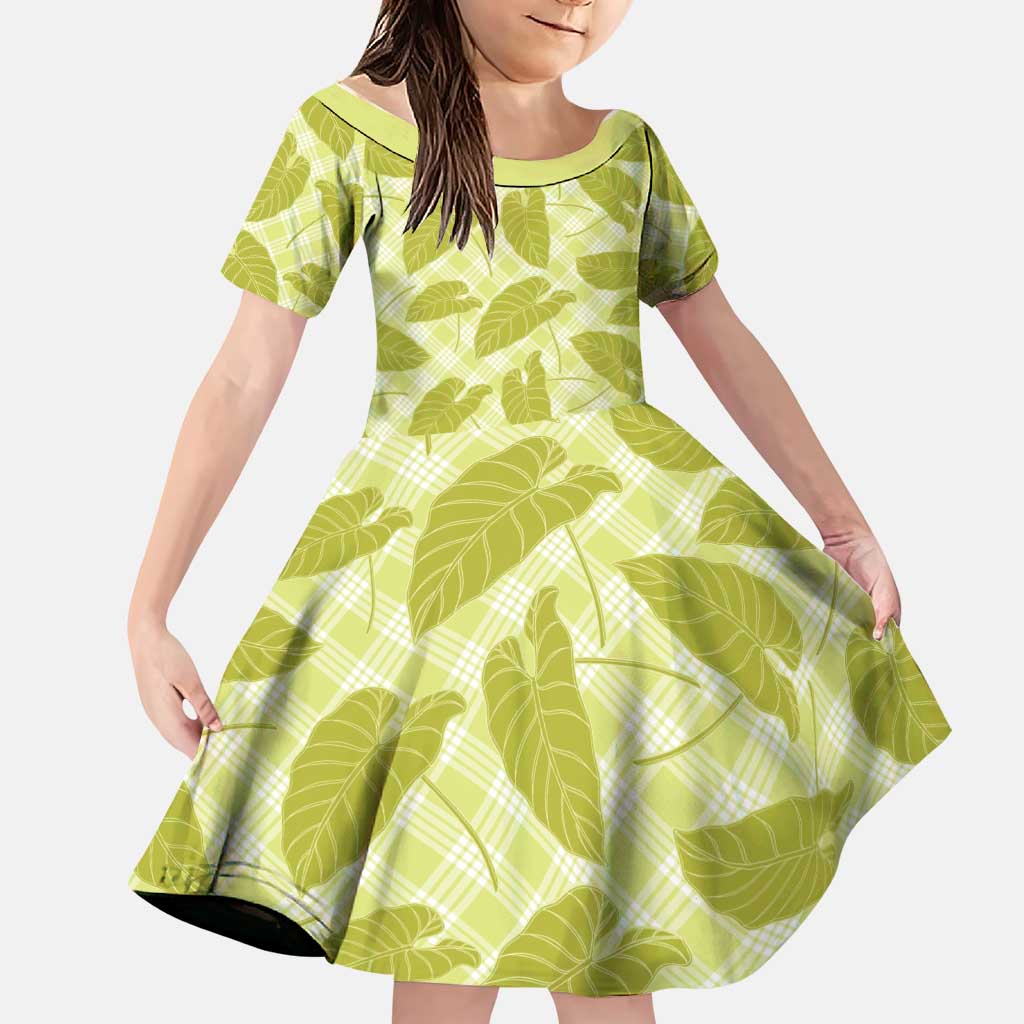 Lime Green Hawaii Kalo Palaka Motifs Family Matching Puletasi and Hawaiian Shirt Hawaiian Taro Leaves Elegant Vibes - Polynesian Pride
