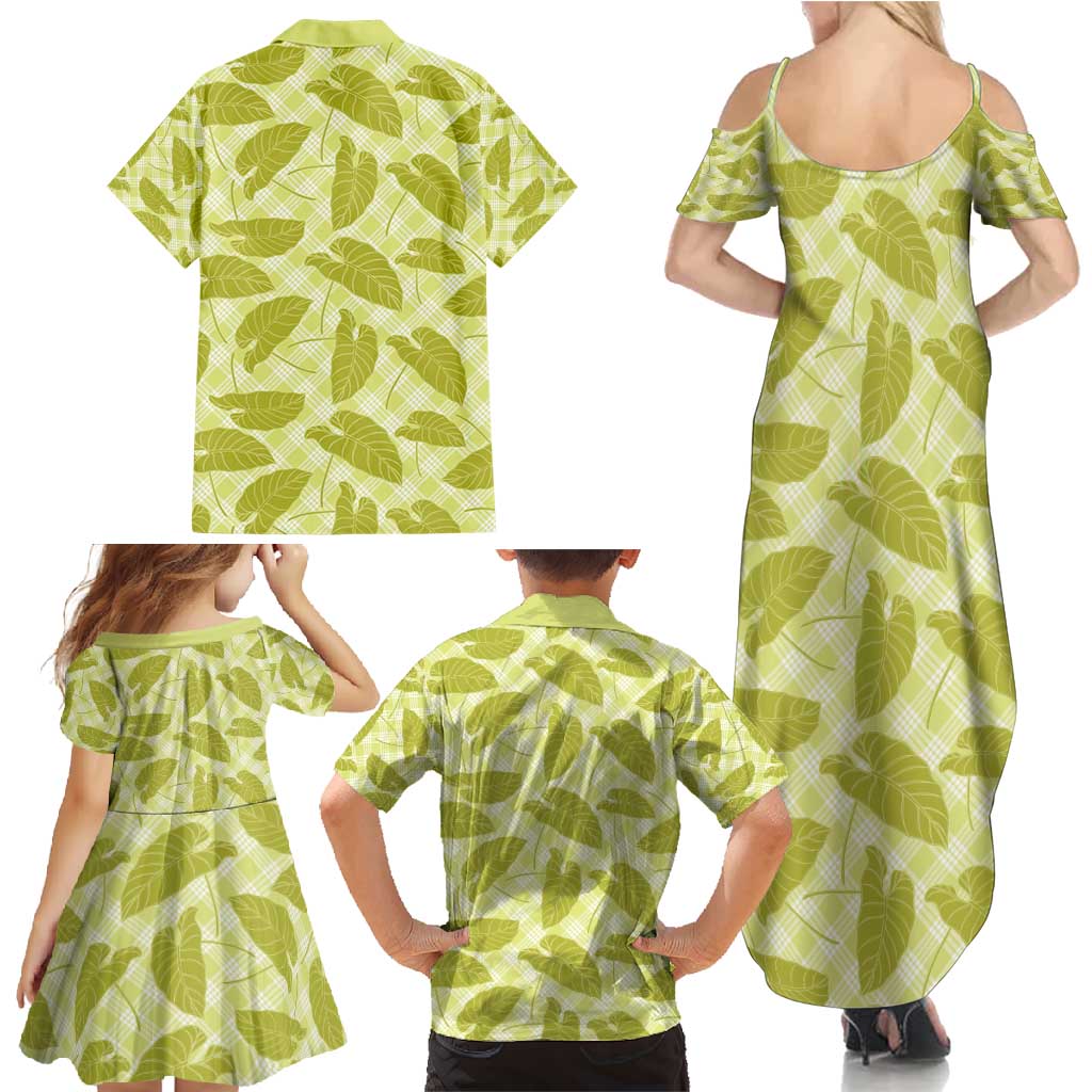 Lime Green Hawaii Kalo Palaka Motifs Family Matching Summer Maxi Dress and Hawaiian Shirt Hawaiian Taro Leaves Elegant Vibes - Polynesian Pride