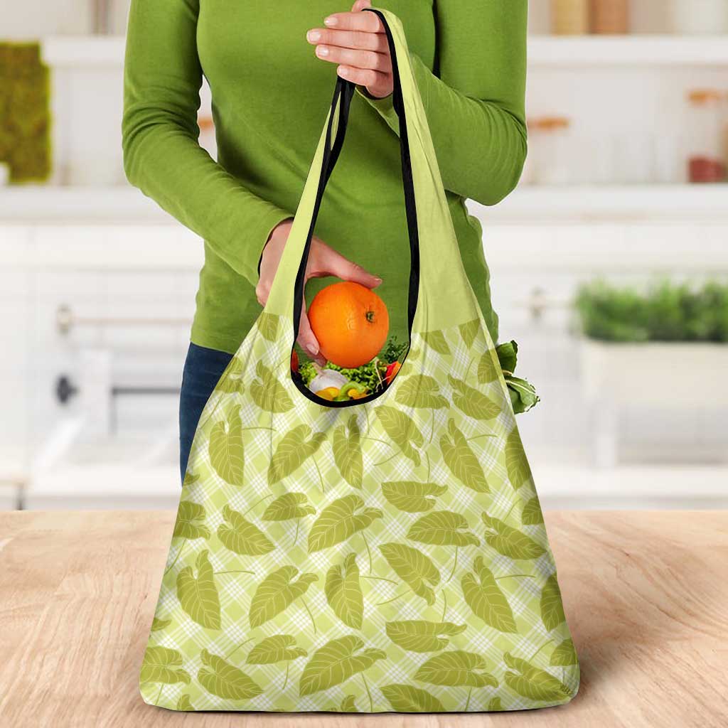 Lime Green Hawaii Kalo Palaka Motifs Grocery Bag Hawaiian Taro Leaves Elegant Vibes - Polynesian Pride