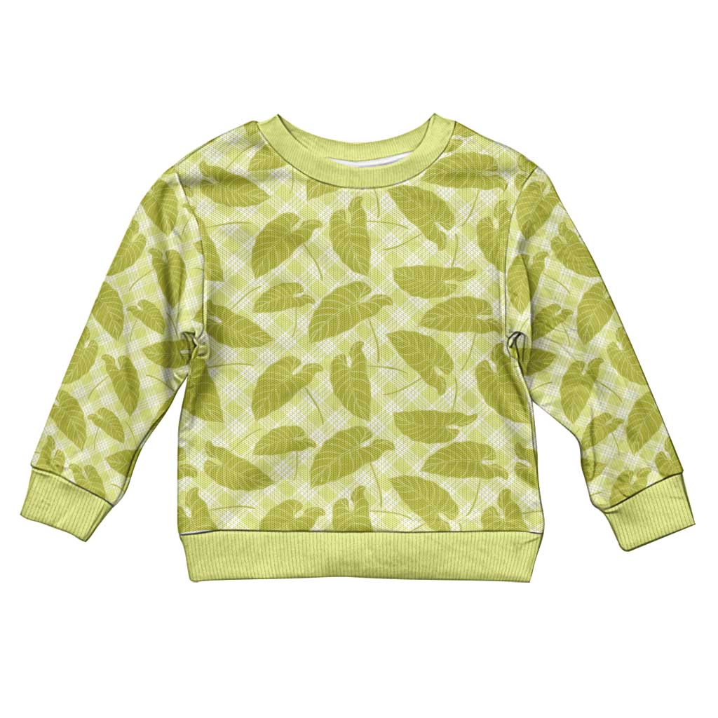 Lime Green Hawaii Kalo Palaka Motifs Kid Ugly Christmas Sweater Hawaiian Taro Leaves Elegant Vibes - Polynesian Pride
