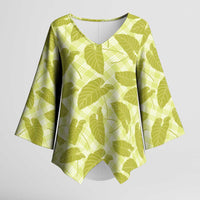 Lime Green Hawaii Kalo Palaka Motifs Kimono Sleeve Blouse Hawaiian Taro Leaves Elegant Vibes - Polynesian Pride