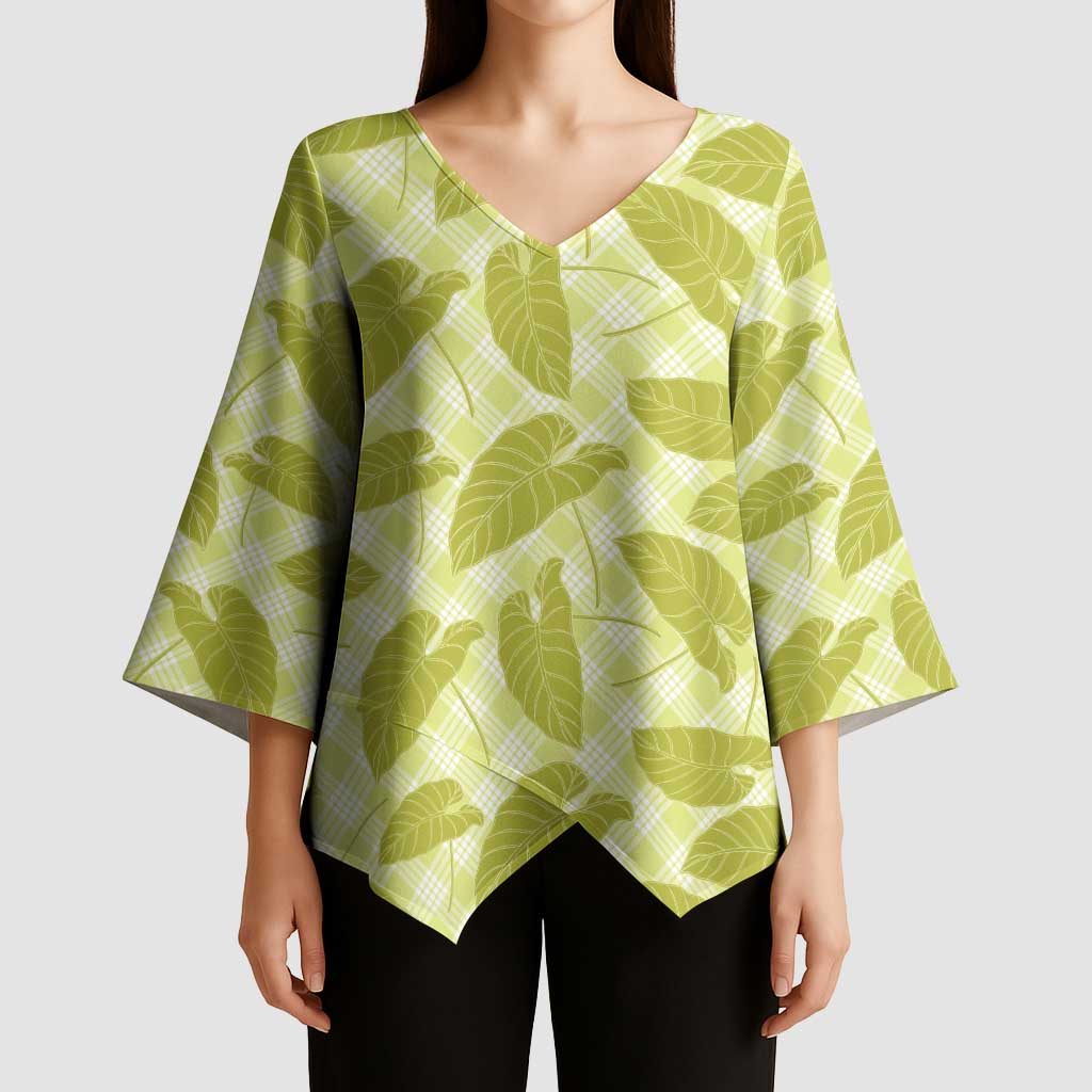 Lime Green Hawaii Kalo Palaka Motifs Kimono Sleeve Blouse Hawaiian Taro Leaves Elegant Vibes - Polynesian Pride