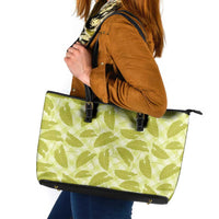 Lime Green Hawaii Kalo Palaka Motifs Leather Tote Bag Hawaiian Taro Leaves Elegant Vibes - Polynesian Pride