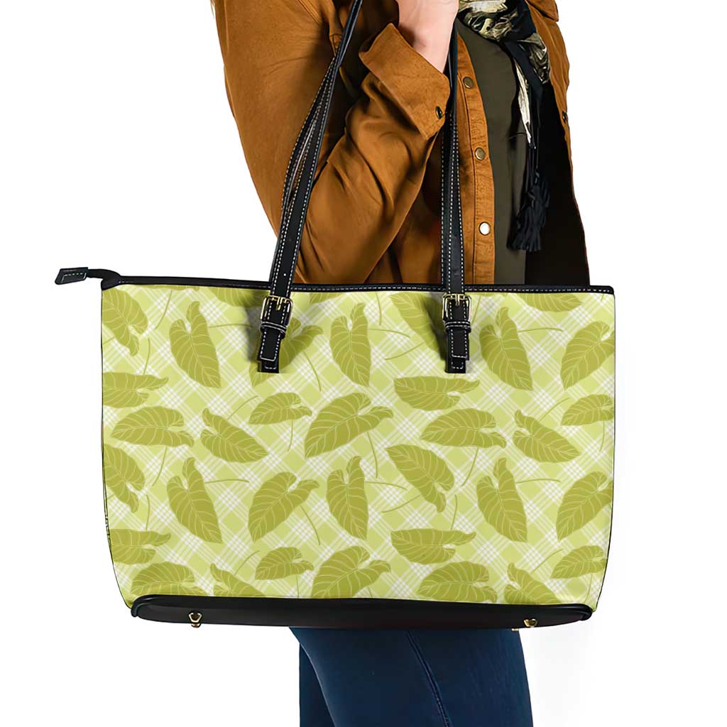 Lime Green Hawaii Kalo Palaka Motifs Leather Tote Bag Hawaiian Taro Leaves Elegant Vibes - Polynesian Pride
