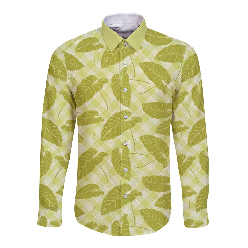 Lime Green Hawaii Kalo Palaka Motifs Long Sleeve Button Shirt Hawaiian Taro Leaves Elegant Vibes - Polynesian Pride