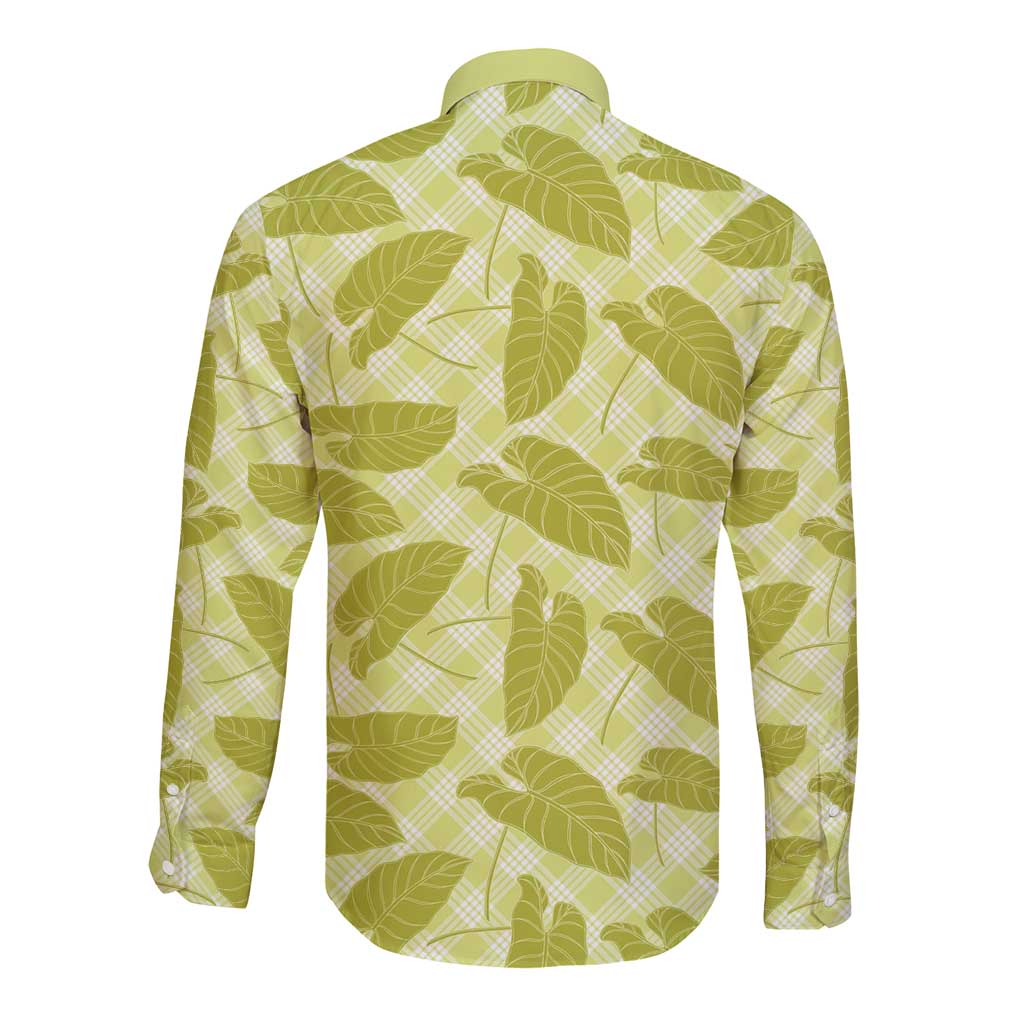 Lime Green Hawaii Kalo Palaka Motifs Long Sleeve Button Shirt Hawaiian Taro Leaves Elegant Vibes - Polynesian Pride