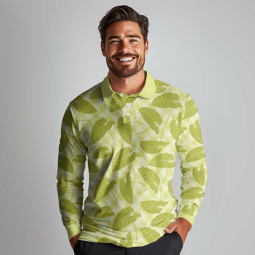 Lime Green Hawaii Kalo Palaka Motifs Long Sleeve Polo Shirt Hawaiian Taro Leaves Elegant Vibes - Polynesian Pride