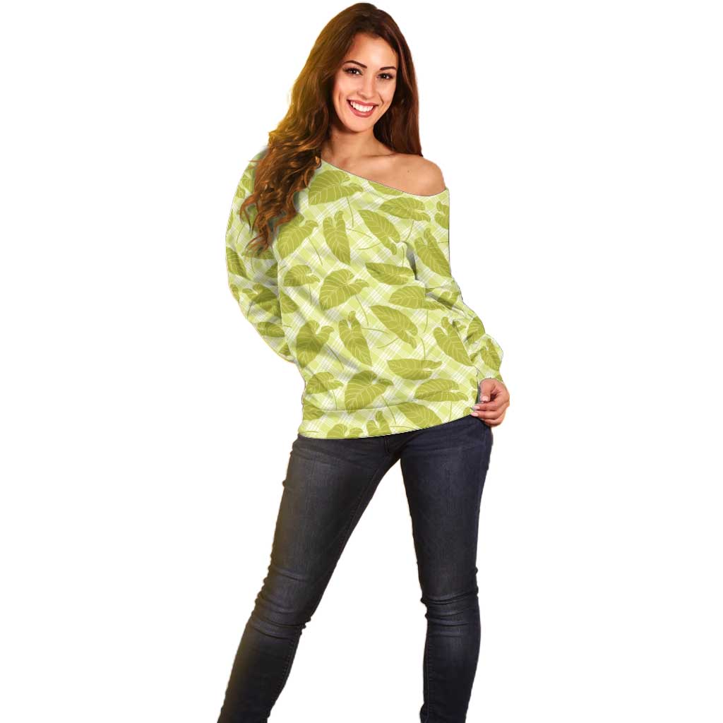 Lime Green Hawaii Kalo Palaka Motifs Off Shoulder Sweater Hawaiian Taro Leaves Elegant Vibes - Polynesian Pride