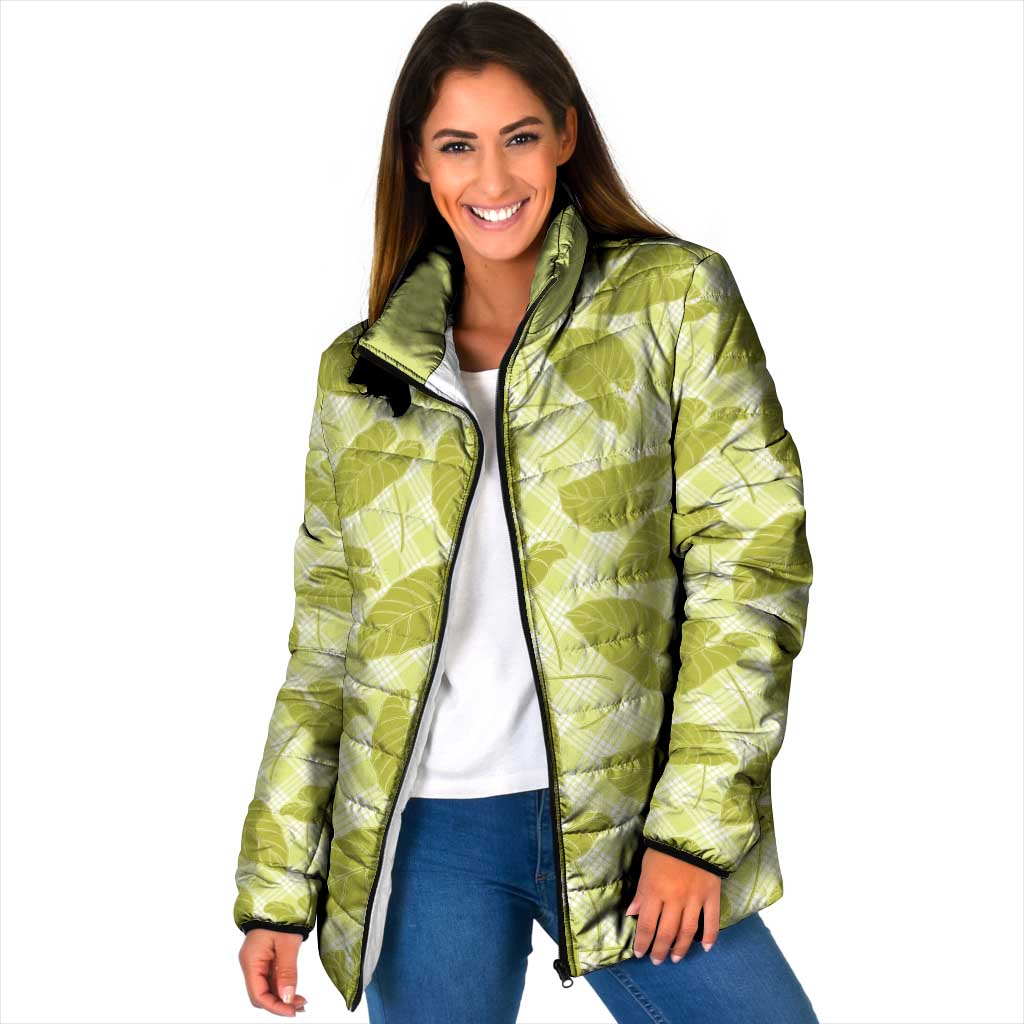Lime Green Hawaii Kalo Palaka Motifs Padded Jacket Hawaiian Taro Leaves Elegant Vibes - Polynesian Pride