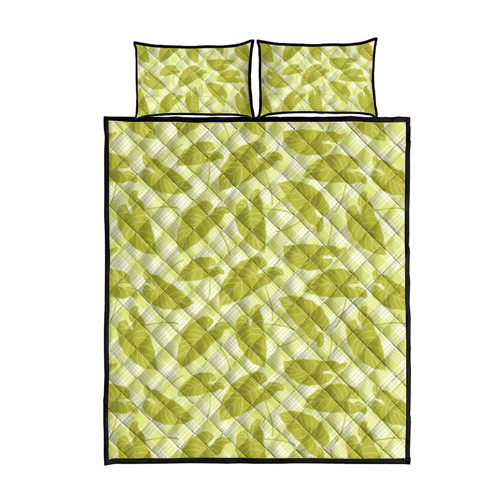 Lime Green Hawaii Kalo Palaka Motifs Quilt Bed Set Hawaiian Taro Leaves Elegant Vibes - Polynesian Pride
