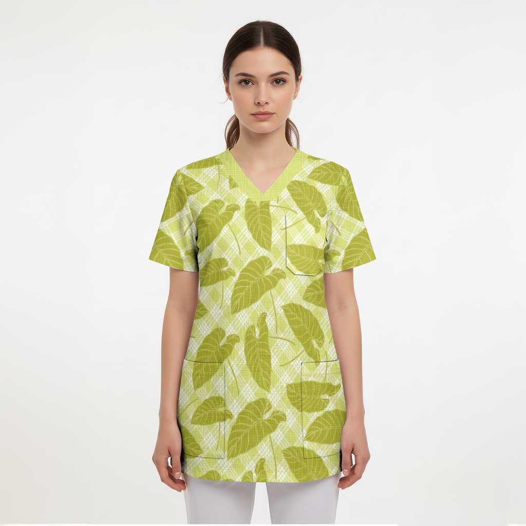 Lime Green Hawaii Kalo Palaka Motifs Scrub Top Hawaiian Taro Leaves Elegant Vibes - Polynesian Pride