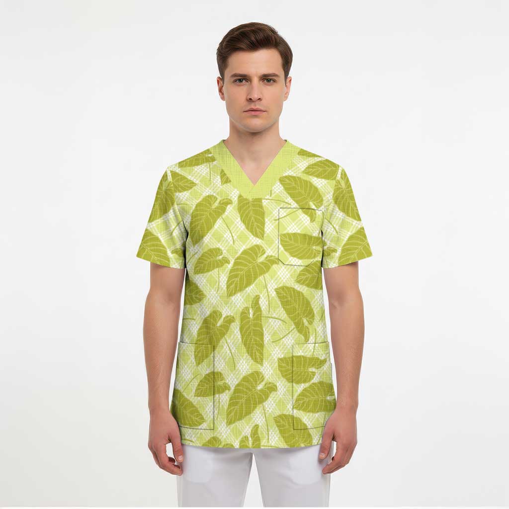 Lime Green Hawaii Kalo Palaka Motifs Scrub Top Hawaiian Taro Leaves Elegant Vibes - Polynesian Pride