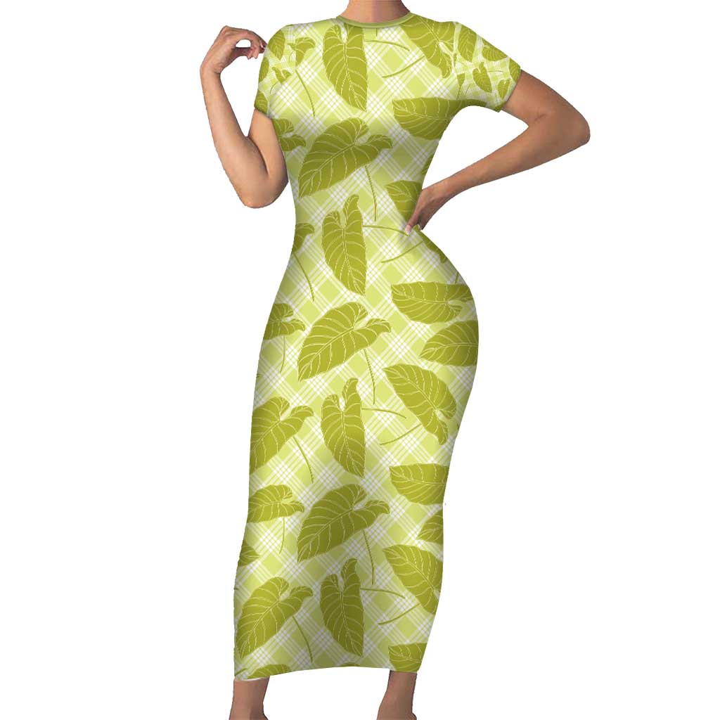 Lime Green Hawaii Kalo Palaka Motifs Short Sleeve Bodycon Dress Hawaiian Taro Leaves Elegant Vibes - Polynesian Pride