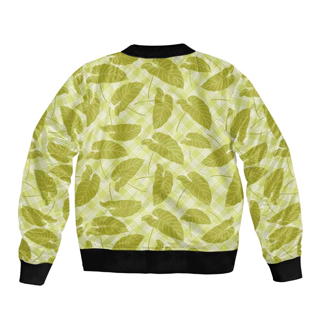 Lime Green Hawaii Kalo Palaka Motifs Sleeve Zip Bomber Jacket Hawaiian Taro Leaves Elegant Vibes - Polynesian Pride