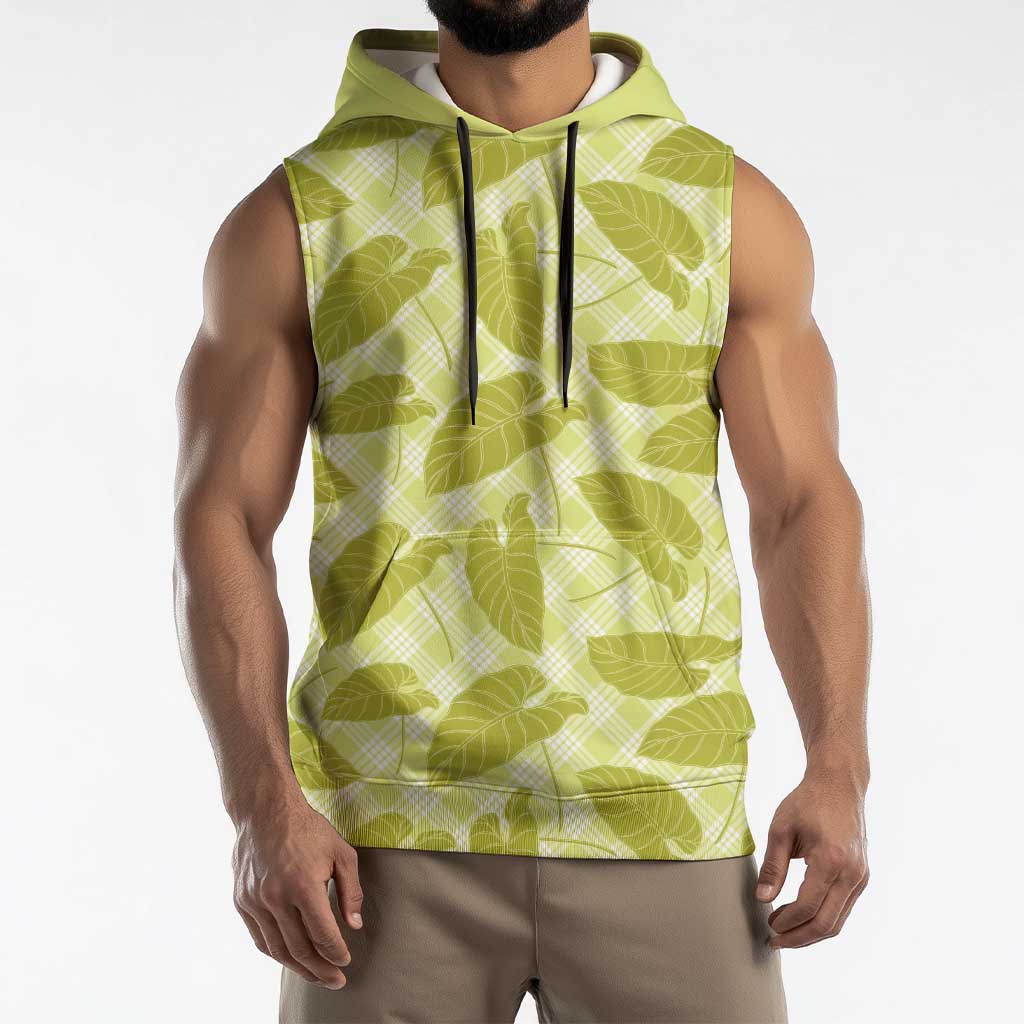Lime Green Hawaii Kalo Palaka Motifs Sleeveless Hoodie Hawaiian Taro Leaves Elegant Vibes - Polynesian Pride