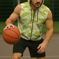 Lime Green Hawaii Kalo Palaka Motifs Sleeveless Zip Hoodie Hawaiian Taro Leaves Elegant Vibes - Polynesian Pride