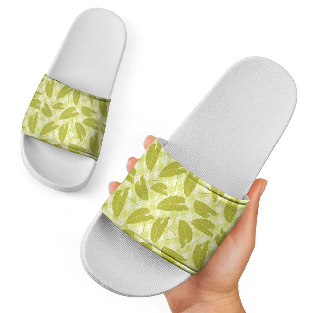 Lime Green Hawaii Kalo Palaka Motifs Slide Sandals Hawaiian Taro Leaves Elegant Vibes - Polynesian Pride