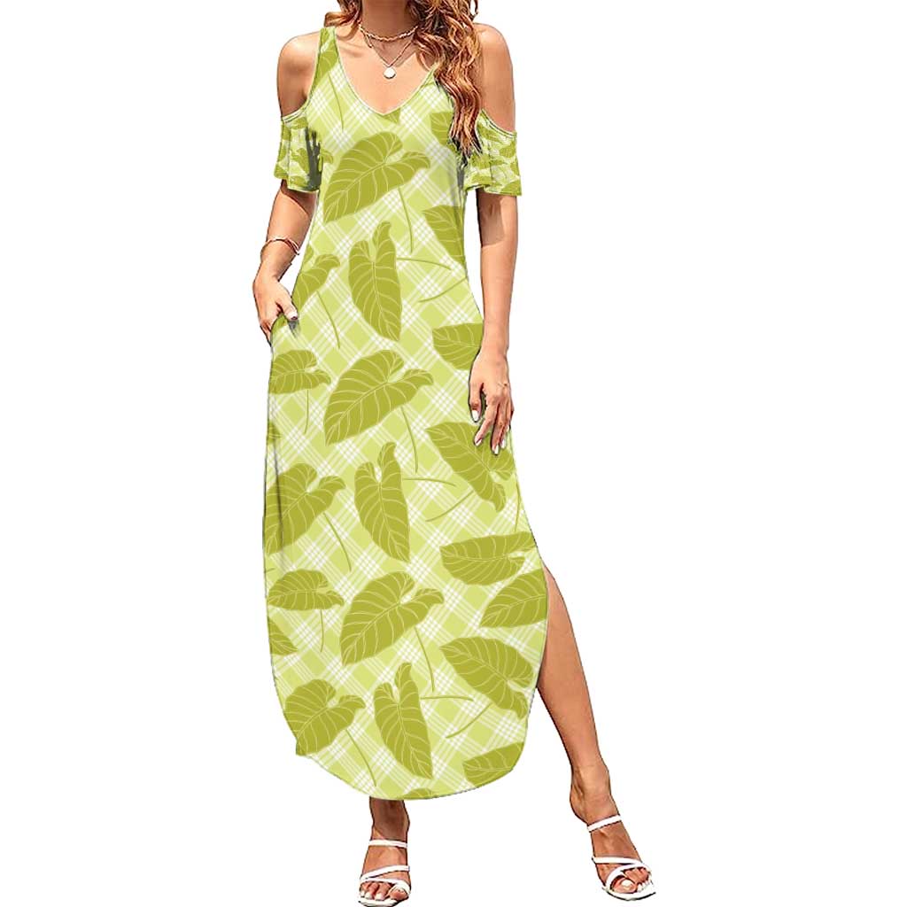 Lime Green Hawaii Kalo Palaka Motifs Summer Maxi Dress Hawaiian Taro Leaves Elegant Vibes - Polynesian Pride