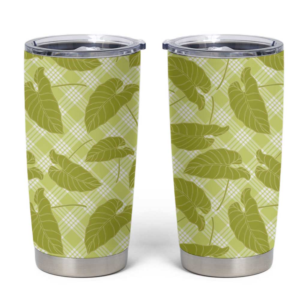 Lime Green Hawaii Kalo Palaka Motifs Tumbler Cup Hawaiian Taro Leaves Elegant Vibes - Polynesian Pride