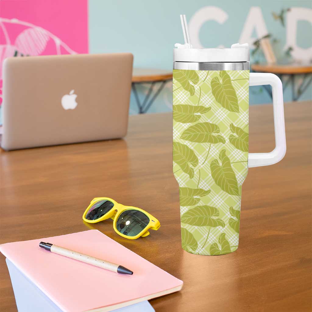 Lime Green Hawaii Kalo Palaka Motifs Tumbler With Handle Hawaiian Taro Leaves Elegant Vibes - Polynesian Pride